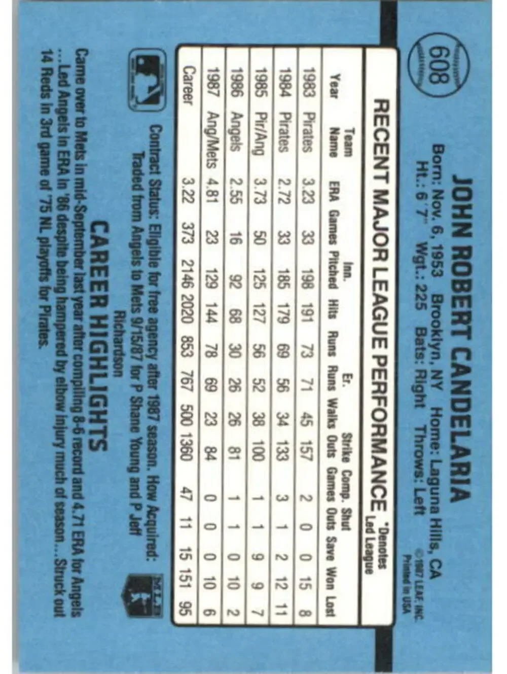 1988 John Candelaria Donruss Baseball Card #608